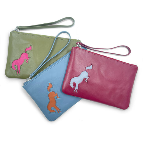 Small Leather Pouch with Bucking Horse - Green & Pink